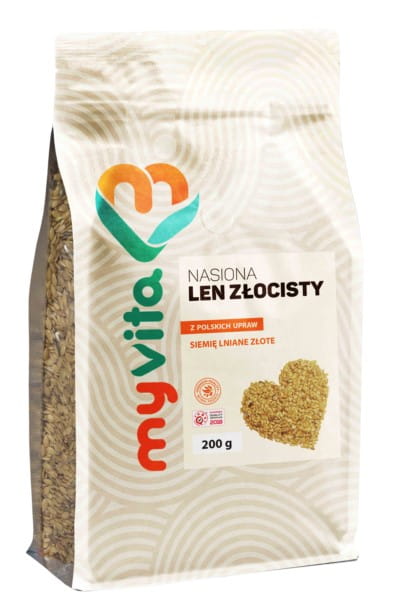 Goldener Lein im Beutel von MyVita, 200 g, für das Verdauungssystem, zeigt leere Verpackung mit Leinsamen.