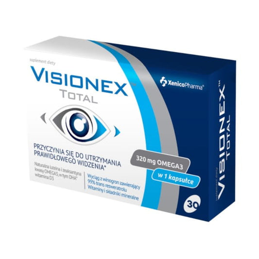 Visionex Kapseln von XENICO PHARMA zur Verbesserung des Sehvermögens, zeigt die Packung mit 30 Kapseln.