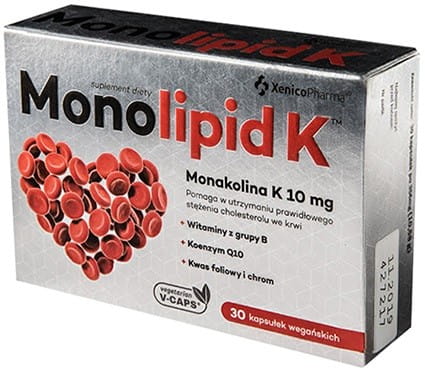 Monolipid K 30 Kapseln von Xenico Pharma Sp. z.o.o, Nahaufnahme der Kapseln in einer Dose auf weißem Hintergrund