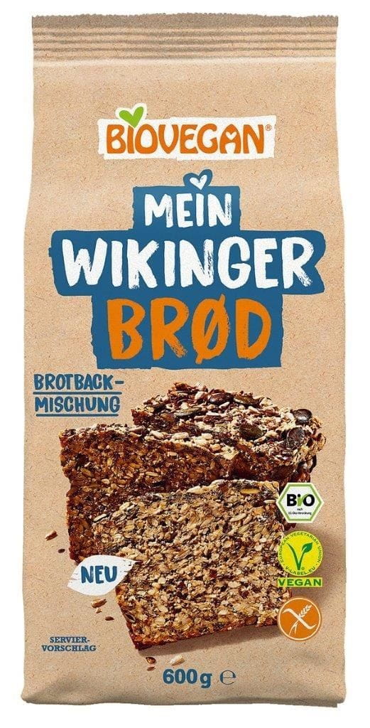 Glutenfreie Bio-Brotbackmischung mit Körnern von BIOVEGAN, 600 g, sichtbare Mischung aus Körnern in der Verpackung