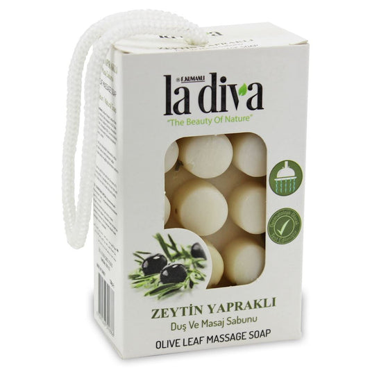 Natürliche Olivenöl-Massageseife von LA DIVA, 120 g, mit sanfter Textur und pflegender Wirkung für die Haut.
