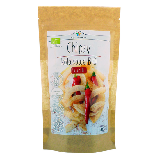 Bio Kokoschips mit Chili von PIĘĆ PRZEMIAN, 80g, knusprige, scharfe Kokosnuss-Snacks in einer Verpackung.