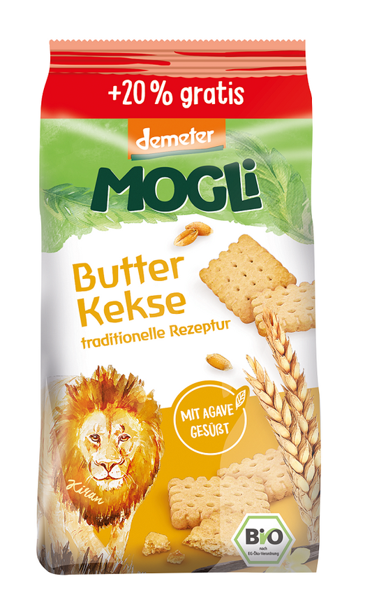 Bio Butterkekse von MOGLI, Demeter-Qualität, 125 g mit 25 g gratis, knusprige Kekse in Packung, natürliche Zutaten.