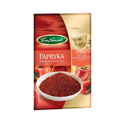 Geräucherte, scharfe Paprika von Ten Smak in 30 g Packung, zeigt die rote, getrocknete Paprikaschote mit rauchigem Aroma.