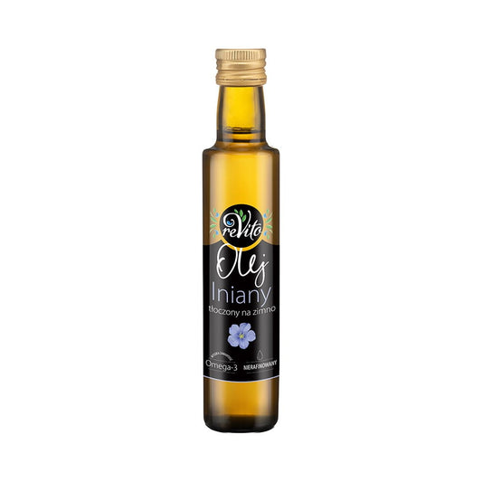 Kaltgepresstes Leinöl von ReVito in 250 ml Flasche, naturbelassen und goldgelb, ideal für gesunde Ernährung und Kochen
