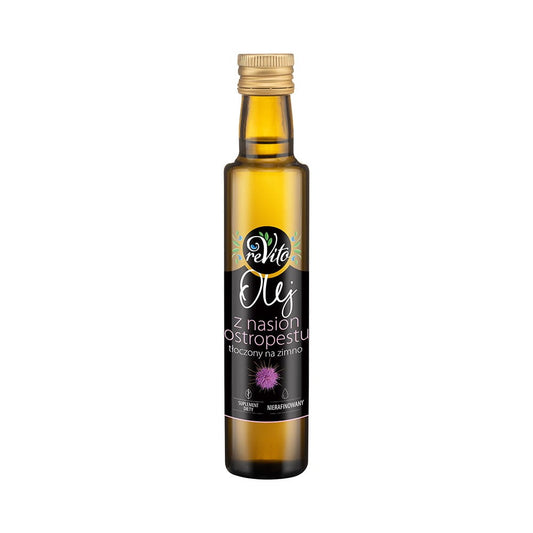 Kaltgepresstes Mariendistelöl von ReVito in 250 ml Flasche, goldene Farbe und dunkle Glasflasche, flüssig und naturbelassen