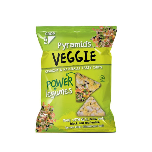 Bunte glutenfreie Gemüse-Pyramiden von POPCROP, 25 g, mit frischen Gemüsestücken in einer transparenten Verpackung.
