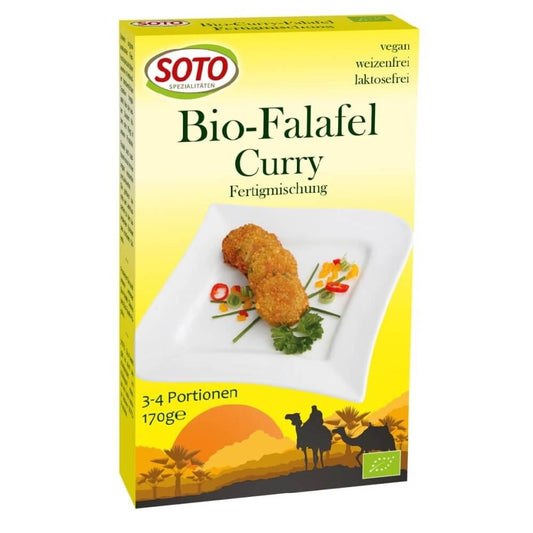 Bio Curry-Falafel von SOTO, 170g, frisch zubereiteter vegetarischer Snack mit Curry-Geschmack und knuspriger Textur.