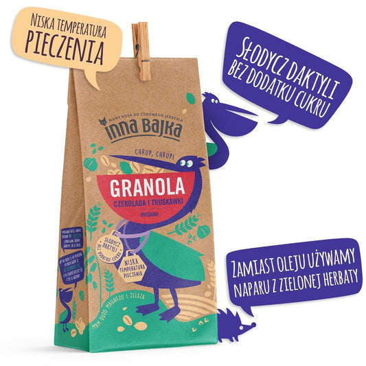 Hafer-Müsli mit Schokolade und Erdbeeren in 300 g Packung, von ANOTHER TALE, mit frischen Erdbeeren und Schokoladestücken.