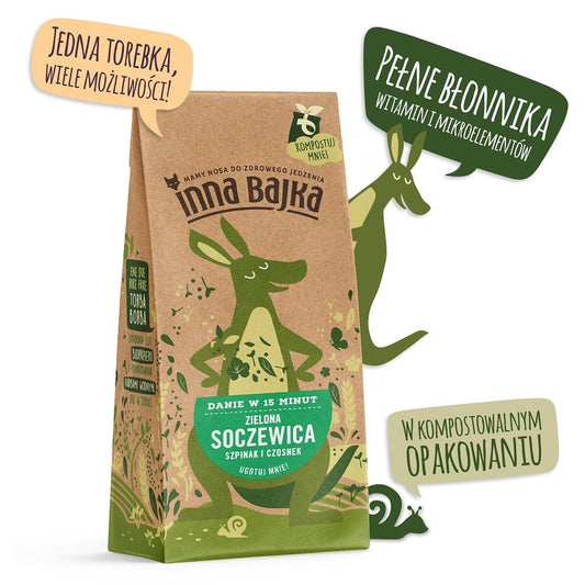 Grüne Linsen mit Spinat und Knoblauch in 180 g Packung, von Inna Bajka, auf dem Teller serviert, frisch und aromatisch.