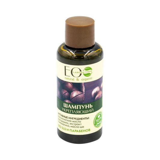 Eco Laboratorie Shampoo für geschwächtes Haar, Volumen und Wachstum in 50 ml Flasche, sichtbare Textur und Verpackung.