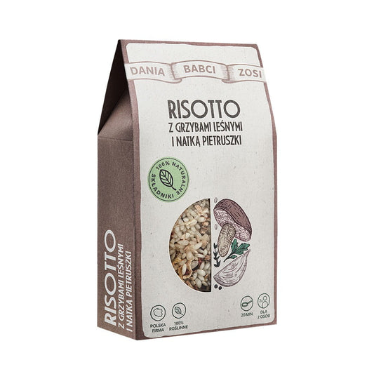 Risotto mit Waldpilzen und Petersilie in einer Schüssel, hergestellt von Sys, für ein herzhafteres Gericht.