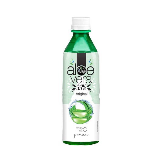 Original Aloe-Drink von ReVito, 500 ml Flasche mit grünem Aloe Vera Saft auf transparentem Hintergrund