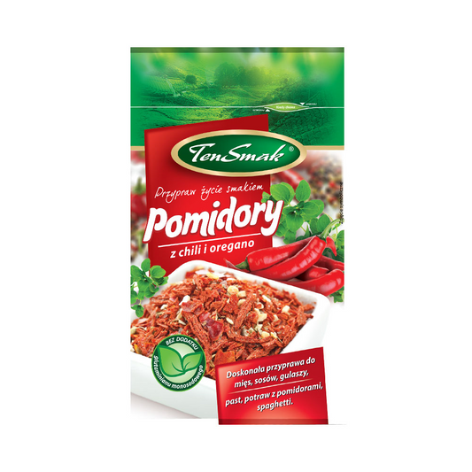 Getrocknete Tomaten mit Chili und Oregano, 15 g von Ten Smak, in einer offenen Verpackung.