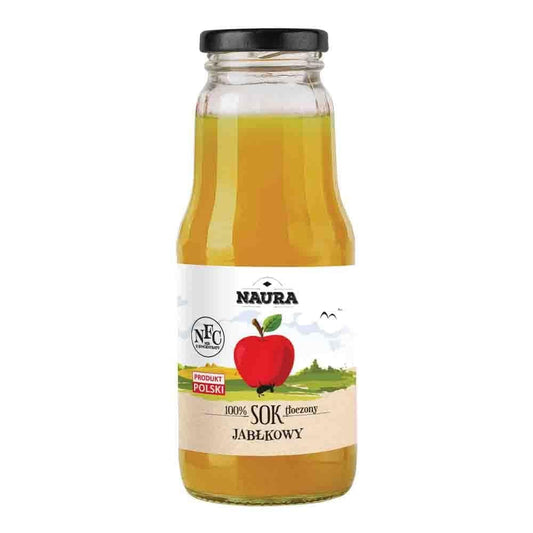 Frischer Apfelsaft von Naura in 300 ml Flasche, golden und klar, mit Apfelsorten und natürlicher Textur sichtbar.