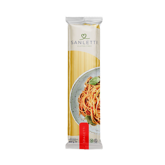 Glutenfreie Spaghetti von SANLETTI, GFS Poland, in 340 g Packung, zeigt die langen, dünnen Nudeln auf weißem Hintergrund.