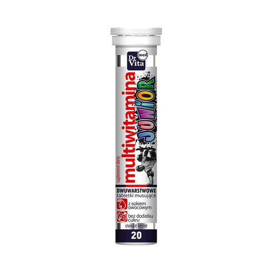 Multivitamin Junior DrVita in Brausetablettenform, orangefarbene Tabletten für Kinder, vitaminreiche Nahrungsergänzung.