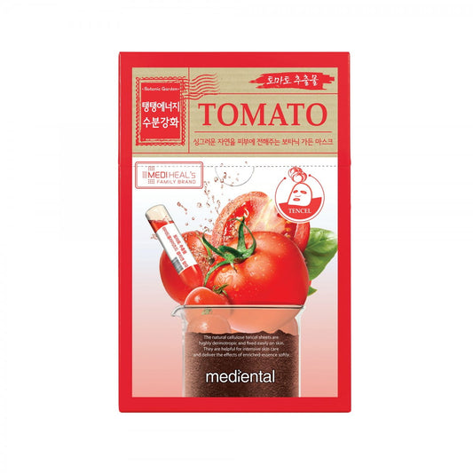 Feuchtigkeits- und straffende Gesichtsmaske mit Tomaten von Mediheal, 23 ml, auf einem weißen Hintergrund.