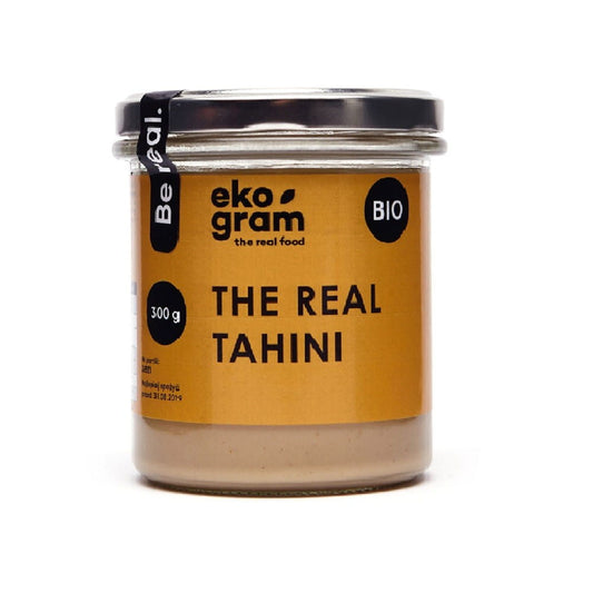 Bio-Sesampaste von ekogram, 300 g, cremige, dunkle Sesampaste in Glasbehälter, ideal für Brot und Desserts.