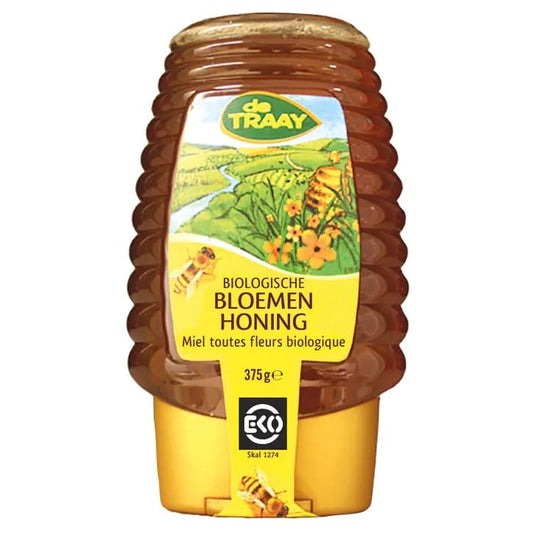 Honig mit Blütennektar, DE TRAAY BIO, 375 g, in Spenderflasche, goldgelber Nektarhonig mit Blütenaromen