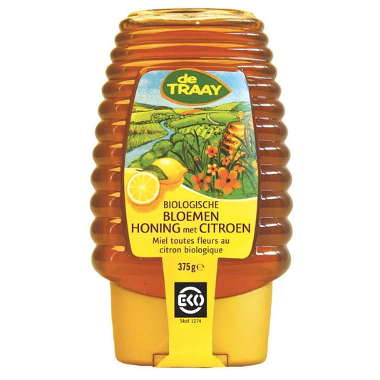 Gläserner Flasche mit Blütennektarhonig mit Zitronengeschmack von DE TRAAY, 375 g, mit Spender, Bio-Qualität