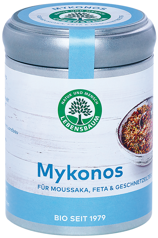 Bio-Gewürzmischung MYKONOS SPICE von LEBENSBAUM in 65 g, mit frischen Kräutern und Gewürzen für kreative Gerichte.