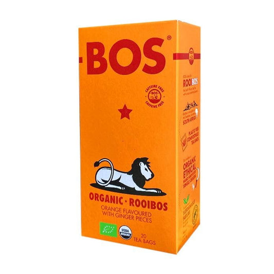 Bio Rooibos Ingwer Tee von BOS, orange-ginger Geschmack, 20 Teebeutel à 2,5 g, sichtbare Teetütchen und Verpackung
