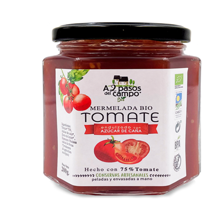 Glas mit bio glutenfreier Tomatenmarmelade von A2 Pasos del Campo, 200 g, mit roter Tomatenmarmelade sichtbar.