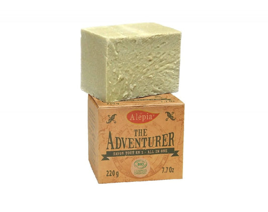 Flasche mit 220 g L'AVENTURIER ECO UNIVERSALSEIFE von ALEPIA, umweltfreundliche Allzweckseife in grüner Verpackung
