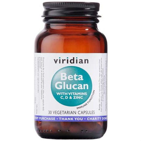 Beta-Glucan mit Vitamin C, D und Zink in 30 Kapseln, VIRIDIAN, zeigt die Kapseln in einer offenen Packung.