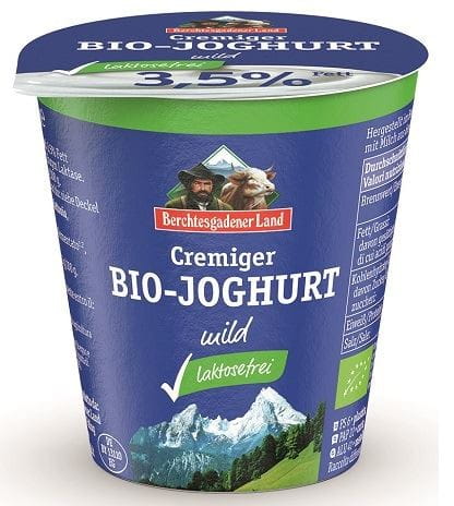 Naturjoghurt mit niedrigem Laktosegehalt, 3,5% Bio-Fett, in 150 g Becher von BERCHTESGADENER LAND, cremig und frisch.