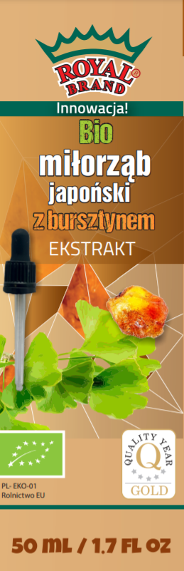 Japanischer Milton-Extrakt mit Bernsteintröpfen, Bio, in 50 ml Flasche von Royal Brand, zeigt die Flasche und Inhaltsstoffe.