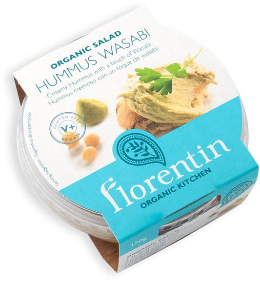 Glutenfreier Hummus Wasabi BIO von FLORENTIN in 170 g Schüssel, cremige Konsistenz, grüner Wasabi Geschmack.
