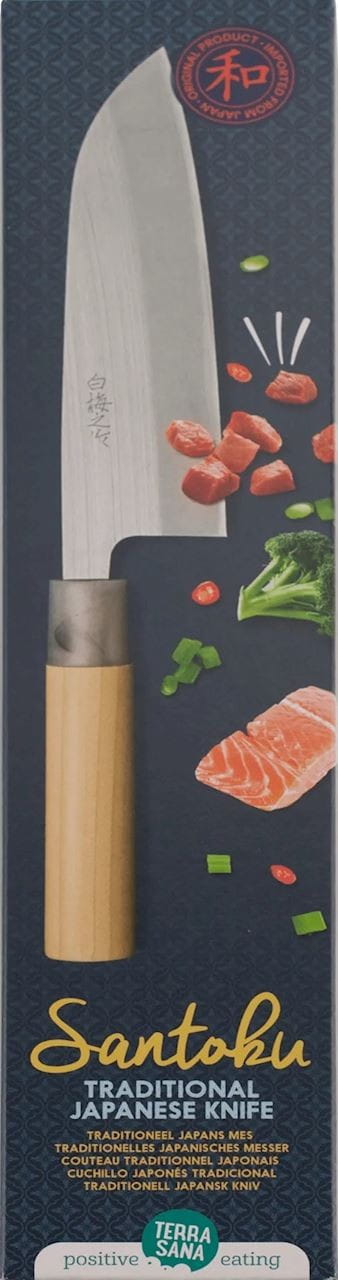 Traditionelles japanisches Santoku-Messer von TERRASANA, universell, mit scharfer Klinge, liegt auf einer Küchenarbeitsfläche.