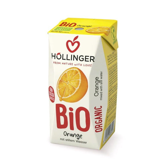 Bio-Orangensaft ohne Zuckerzusatz von Höllinger, 200 ml Flasche, frisch und natürlich, ohne künstliche Süßstoffe.