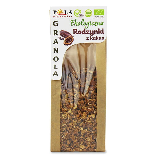 Bio Granola mit Rosinen und Kakao von Piekarnia Pola, ohne Zuckerzusatz, in 200 g Packung, knusprige Frühstücksoption