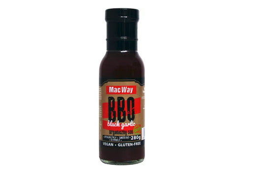 Glutenfreie BBQ-Sauce mit schwarzem Knoblauch von MacWay, 280g, cremige und würzige Soße in Glasflasche.