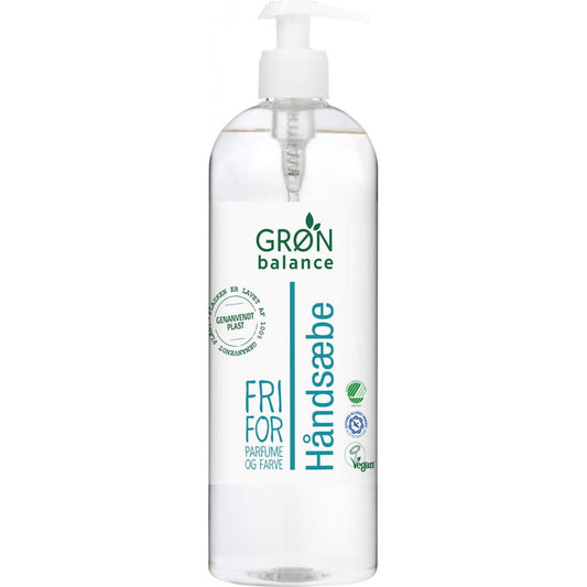 Flüssige Handseife von GRON BALANCE in 750 ml Flasche, zeigt eine weiße Seifenflasche mit grünem Etikett.