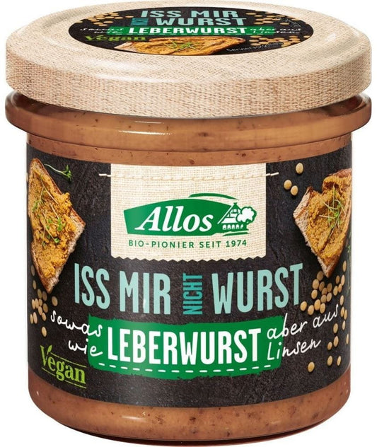 Veganer Pastaplatte mit Wurst- und Leberwurst-Optik, glutenfrei, Bio, 135 g, von ALLOS, zeigt die Pasta in einer Schale