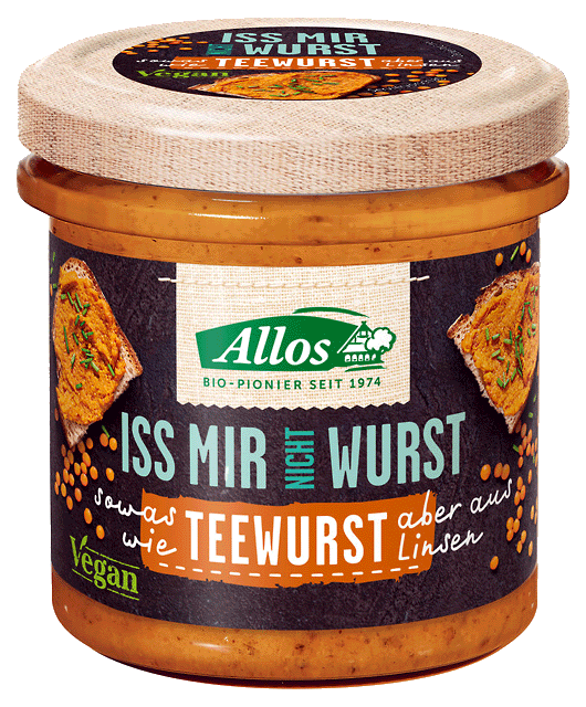 Veganer glutenfreier Pasta mit Wurst- und Teewurst-Geschmack, BIO, 135 g von ALLOS, auf weißem Hintergrund