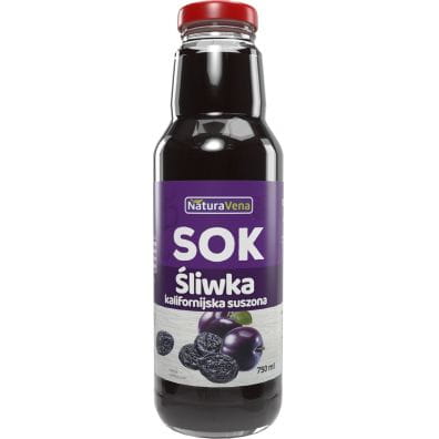Natürliches getrocknetes kalifornisches Pfluamensaft-Flasche von NaturaVena, 750 ml, mit goldener Etikette und dunklem Inhalt