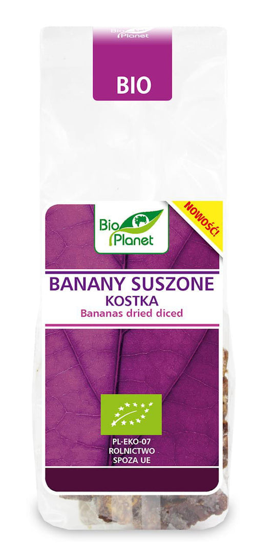 Getrocknete Bio-Bananenwürfel von BIO PLANET, 100 g, frische tropische Früchte in kleinen, getrockneten Stücken.