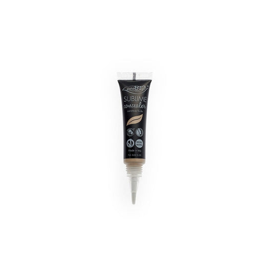 Flüssigkorrektor 01 von PUROBIO, flüssiges Make-up für einen gleichmäßigen Teint, in einer durchsichtigen Flasche.