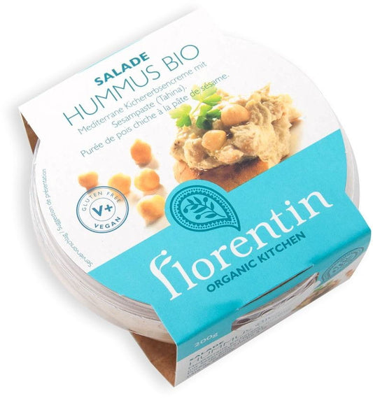 Glutenfreier Bio-Hummus von FLORENTIN in 200 g Schüssel, cremige Konsistenz, ideal als Brotaufstrich oder Dip.