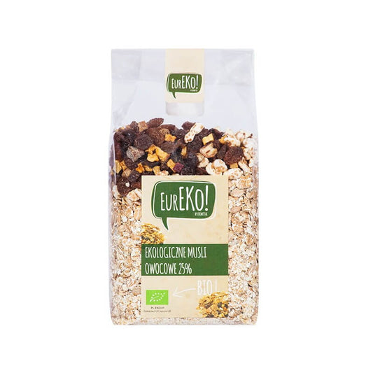 Bio Fruchtmüsli von EUREKO in einer Schüssel, mit verschiedenen getrockneten Früchten und Haferflocken, frisch und gesund.
