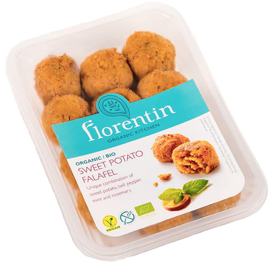 Gebratene Falafel mit Süßkartoffeln von FLORENTIN, glutenfrei und bio, auf einem weißen Teller serviert.