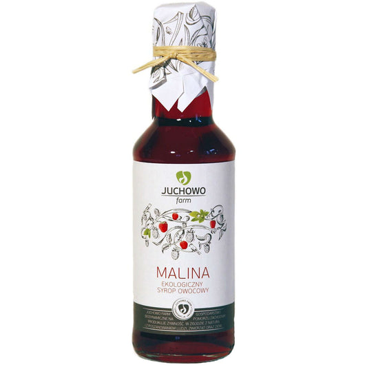 Bio Himbeersirup von JUCHOWO in 200 ml Flasche, dunkle Himbeerpaste mit natürlichem Fruchtgeschmack.