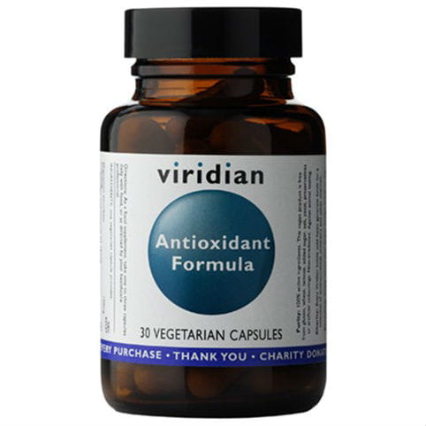 VIRIDIAN Antioxidantien Formel in einer offenen Packung mit 30 Kapseln, sichtbare Kapseln in einer transparenten Flasche