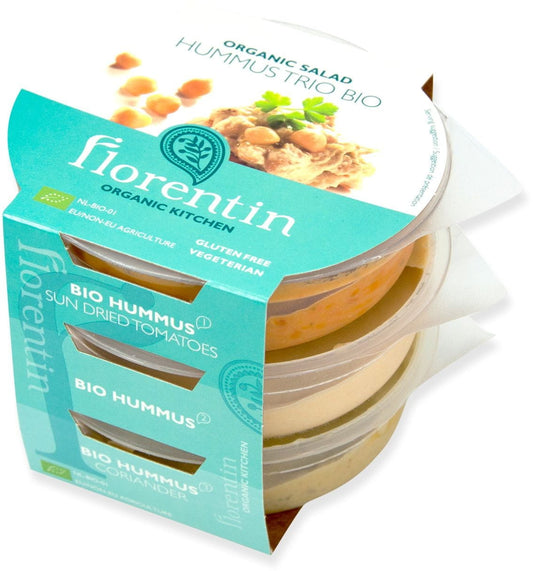 Drei Gläser glutenfreier Hummus von FLORENTIN im BIO-Trio, cremige Textur und vielfältige Aromen, auf weißem Hintergrund.