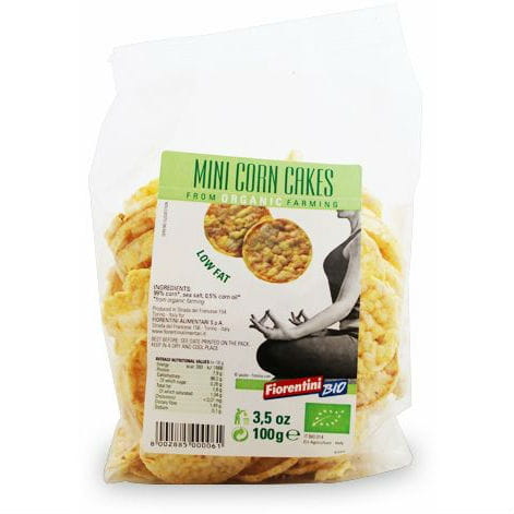 Glutenfreie Maisringe BIO von FIORENTINI in 100g Verpackung, knusprig und goldbraun, auf weißem Hintergrund.